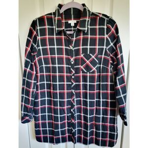 J. Jill PM Shirt Womens Button Up Plaid Red Black Cotton LS Checkered Petite Med